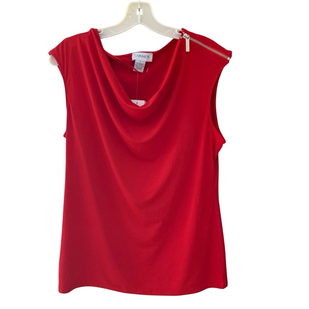 Carmen Marc Valvo Top Women's L Vermillion Red Zip Details Dress Shirt